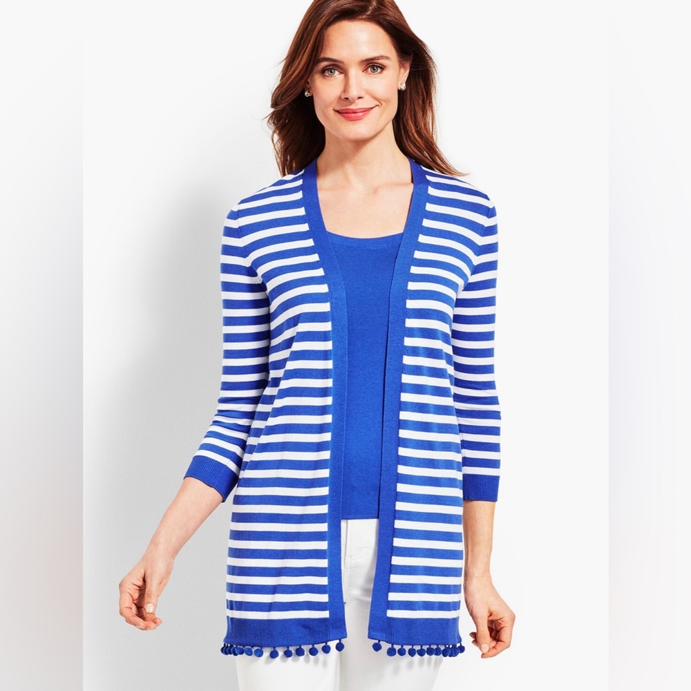 Talbots NATALIE STRIPE Open CARDIGAN Blue White Nautical Coastal Pom Pom Hem